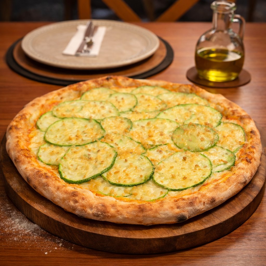 Pizza de abobrinha da Grato, com borda dourada